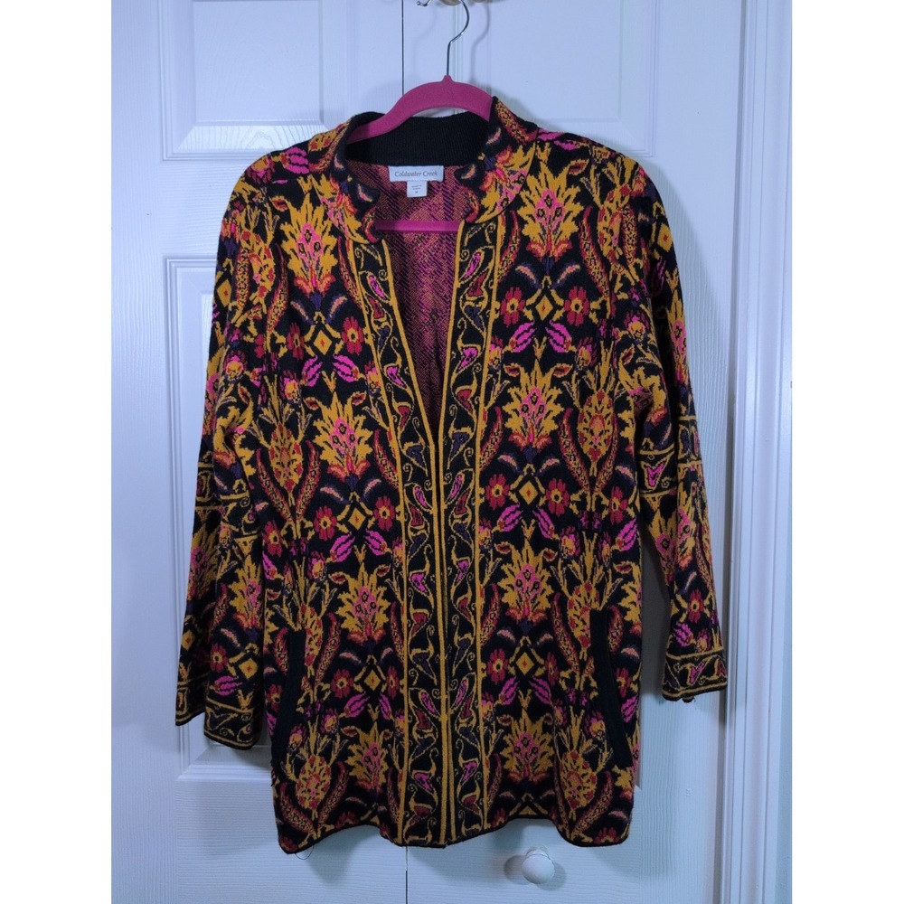 Coldwater Creek Kashmiri Sweater Jacket Women's M Heavyweight Boho Black Floral